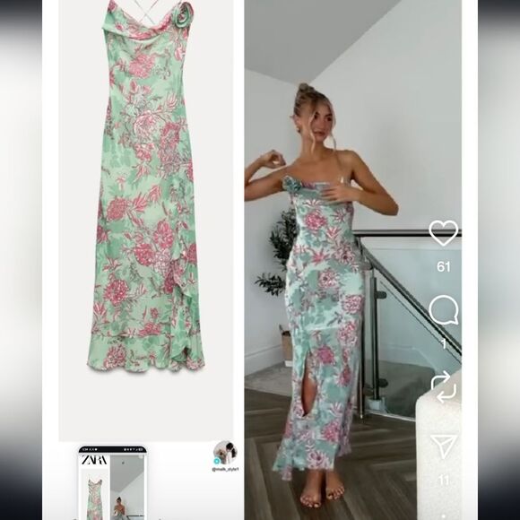 NWT ZARA FLORAL PRINT SLIP DRESS GREEN AND PINK - Picture 1 of 17